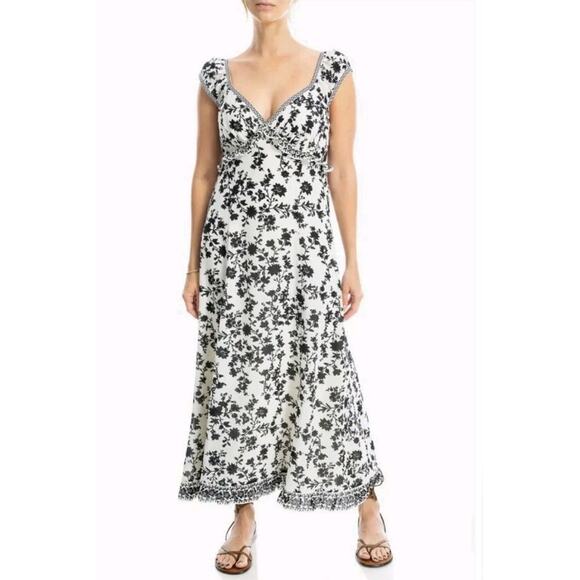 Max Studio White Black Floral Milkmaid Dark Romantic Maxi Dress Size Large - Picture 1 of 11